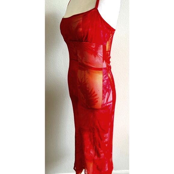 Y2K 90s Maxi Dress Mesh See through Hawaiian Red NECESSARY Objects Bodycon - Picture 2 of 16